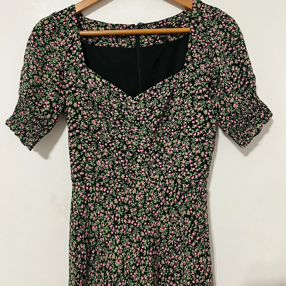 J.Crew Floral Puff Sleeve Midi Dress Black Pink Green 00